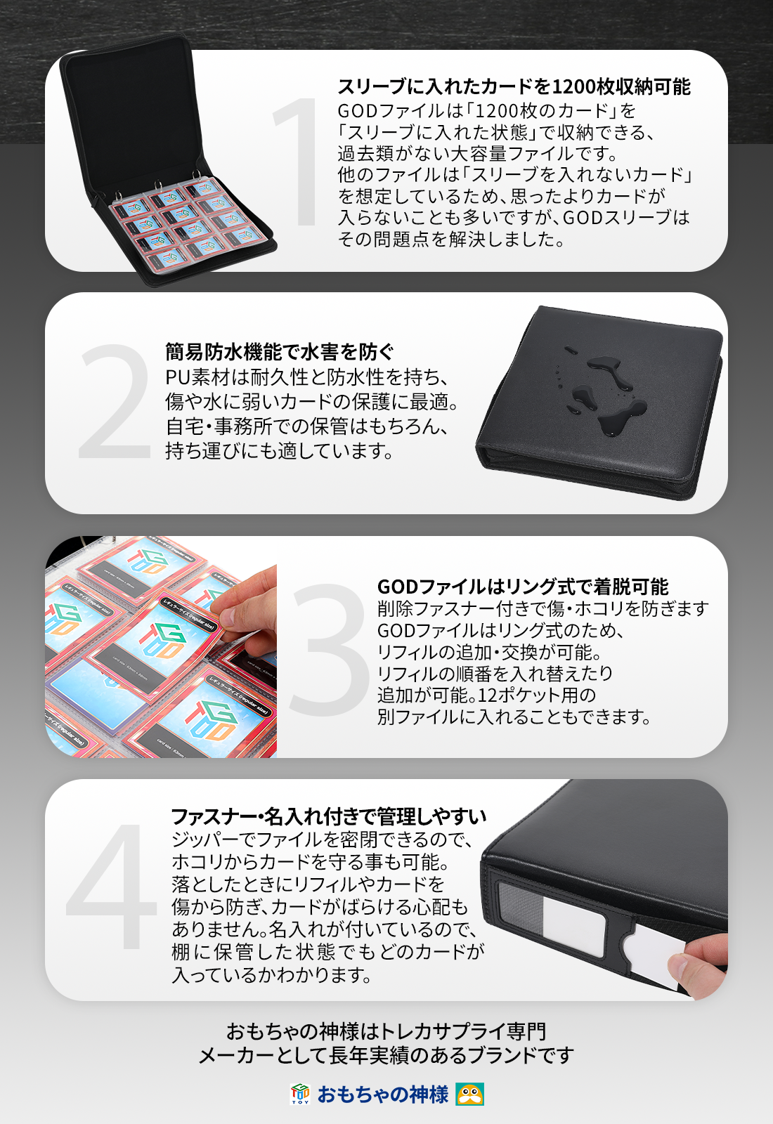 おもちゃの神様 カードファイル GODファイル Gachi1200 12ポケット スリーブに入れた状態のカードを1200枚収納可能